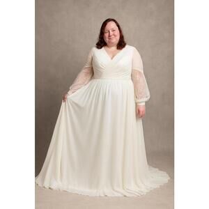 A Line Wedding Dress Long Sleeve V Neck Modest Chiffon Skirt Size 18 Corset Back